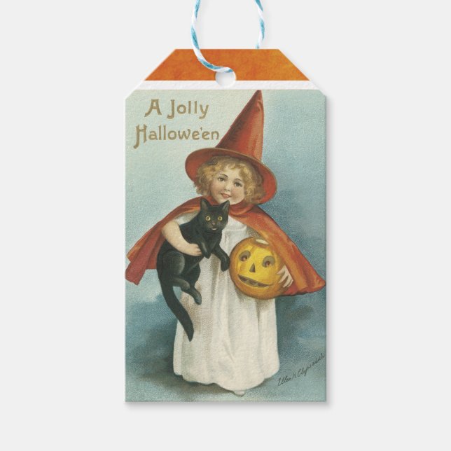 Étiquettes-cadeau Balises cadeau de sorcière Halloween vintage (Devant)