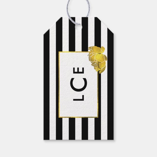 Étiquettes-cadeau Balises cadeaux Black Stripe & Gold Peony Monogram (Devant)