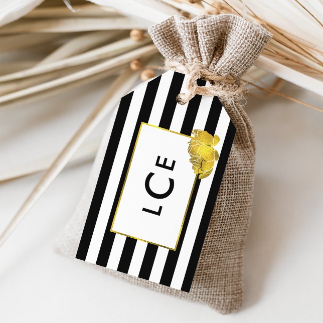 Étiquettes-cadeau Balises cadeaux Black Stripe & Gold Peony Monogram (Créateur téléchargé)