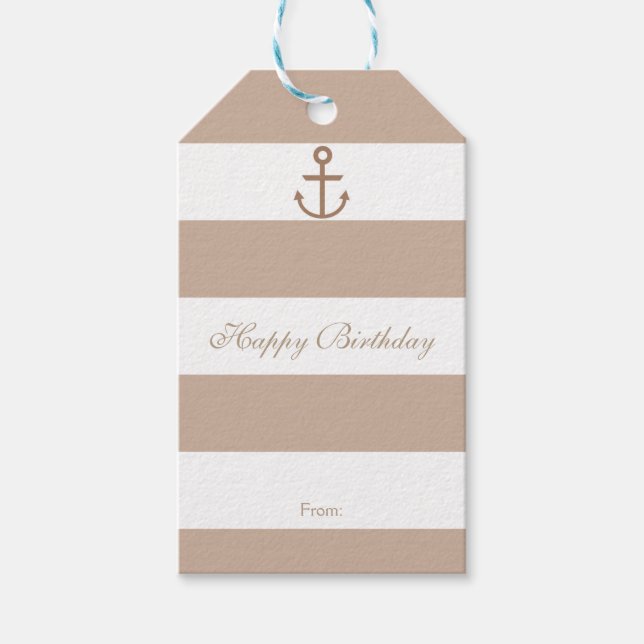 Étiquettes-cadeau Balises cadeaux d'Ancres rayées Brown et blanches (Devant)