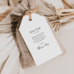 Étiquettes-cadeau Balises cadeaux de bienvenue de mariage simple et<br><div class="desc">Ces étiquettes de bienvenue de mariage simples et élégantes sont parfaites pour votre mariage moderne minimaliste noir et blanc. Le design comporte une police contemporaine minimale accompagnée d'une calligraphie formelle. Gardez-le tel quel,  ou choisissez de le personnaliser avec vos propres oeuvres d'art ou photos !</div>