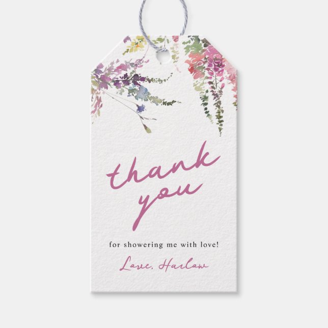 Étiquettes-cadeau Balises cadeaux fleur sauvage Baby shower Merci (Devant)