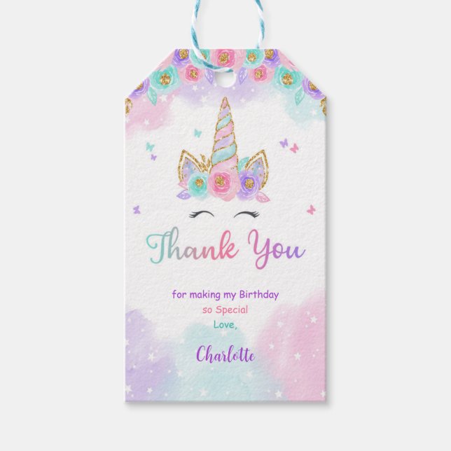 Étiquettes-cadeau Balises cadeaux Floral Rose & Purple Unicorn (Devant)