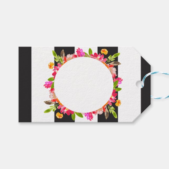 Étiquettes-cadeau Balises cadeaux floraux rayés noir et blanc (Devant (Horizontal))