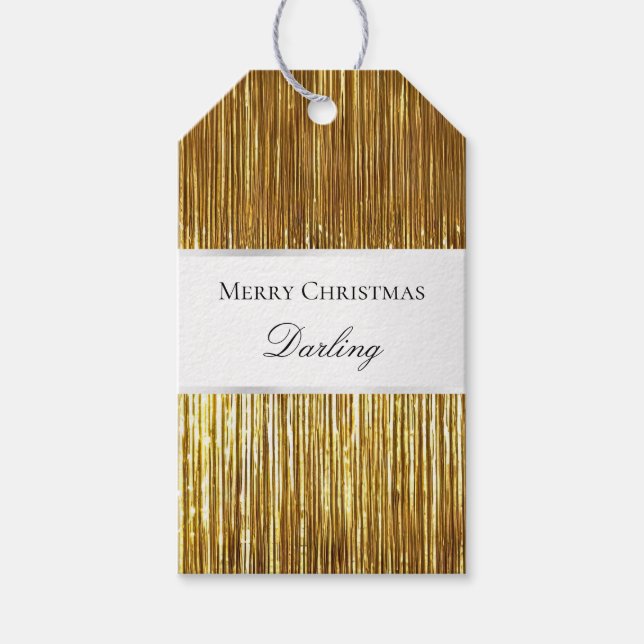 Étiquettes-cadeau Balises Cadeaux Glam Blanc Or Tinsel Stripes (Devant)
