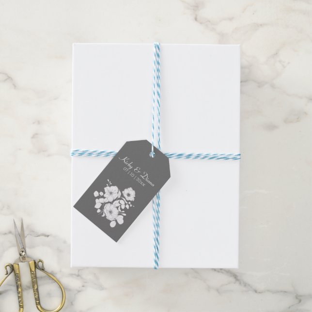 Étiquettes-cadeau Balises Cadeaux Mariages floraux gris et blanc (Avec de laficelle)