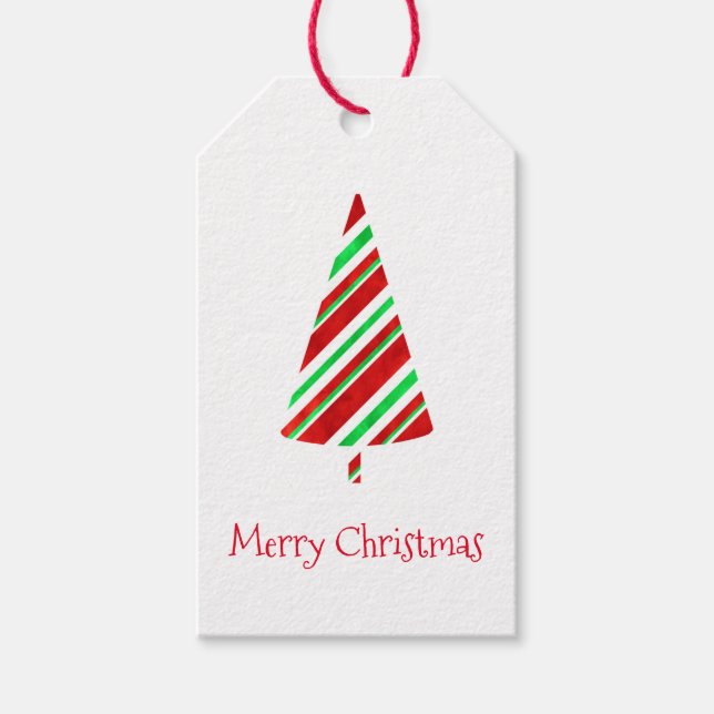 Étiquettes-cadeau Balises cadeaux Red Green Watercolor Stried Tree (Devant)