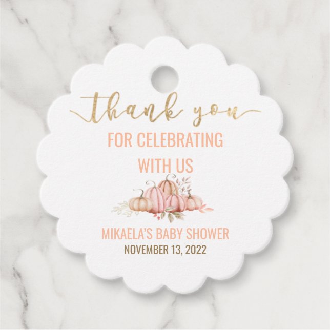 Étiquettes Cadeau Balises Citrouille Merci Baby shower Favoriser (Devant)