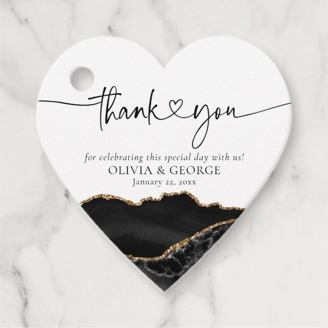 Étiquettes Cadeau Balises Coeur du Mariage d'âge noir et or Favorise (Devant)