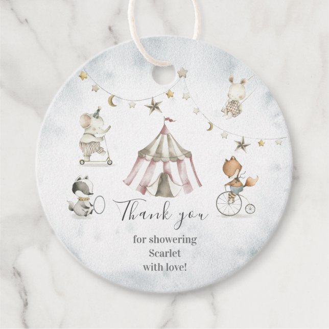 Étiquettes Cadeau Balises de Baby shower Cercle Cercle Cirque Mignon (Devant)