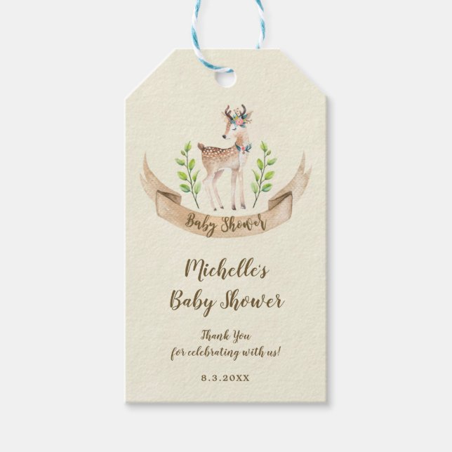 Étiquettes-cadeau balises de baby shower neutre pour les cerfs (Devant)