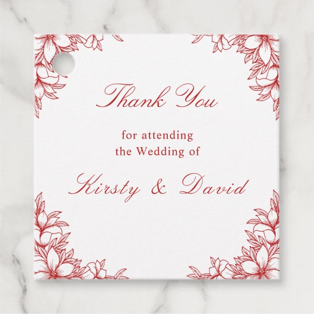 Étiquettes Cadeau Balises de mariage floral rouge (Devant)