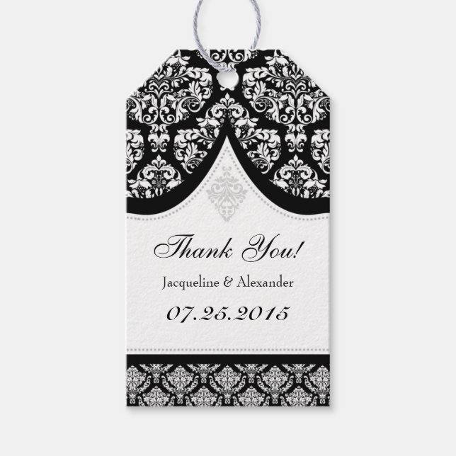 Étiquettes-cadeau Balises de Merci Mariage damassé en noir blanc (Devant)