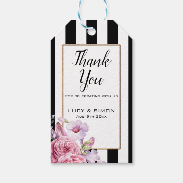 Étiquettes-cadeau Balises de Merci rose floral et rayures (Devant)