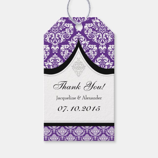Étiquettes-cadeau Balises de Merci violet blanc Mariage damassé (Devant)