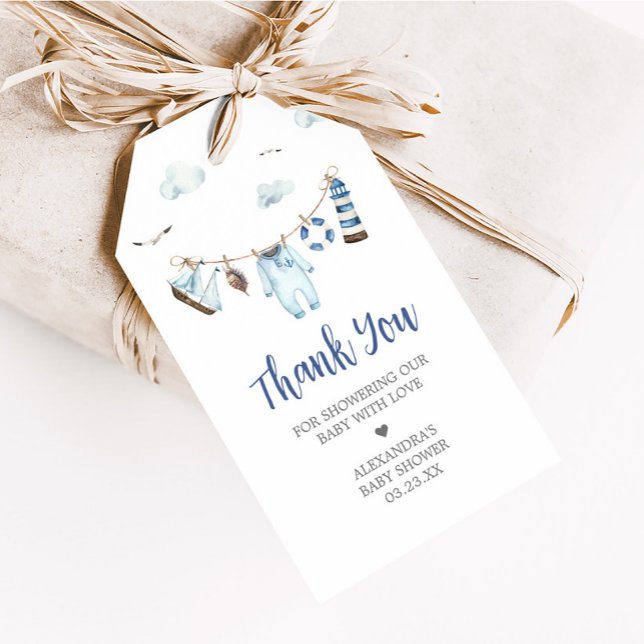 Étiquettes-cadeau Balises de préférence du Baby shower Ahoy nautique (Nautical Ahoy Clothesline Baby Shower Favor Tags)