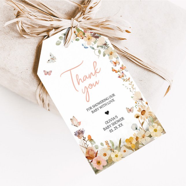 Étiquettes-cadeau Balises de préférence du Baby shower fleur sauvage (Little Butterfly Wildflower Baby Shower Favor Tags)