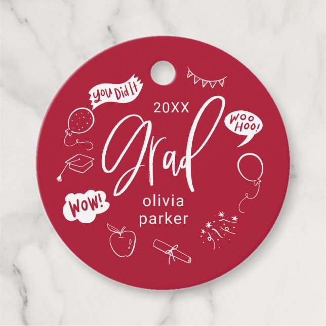 Étiquettes Cadeau Balises de préférence rouge Whimsical Doodle Grad  (Devant)