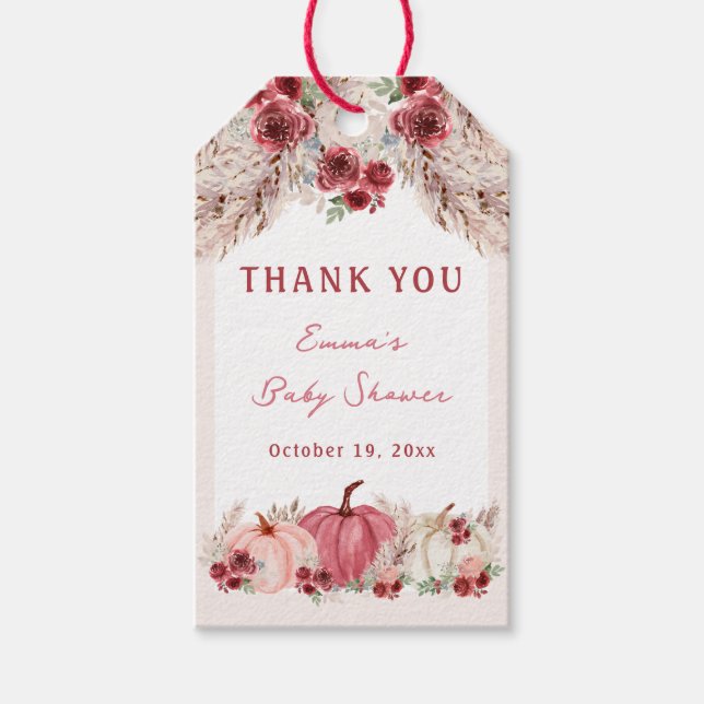 Étiquettes-cadeau Balises du petit Baby shower Citrouille Marsala (Devant)