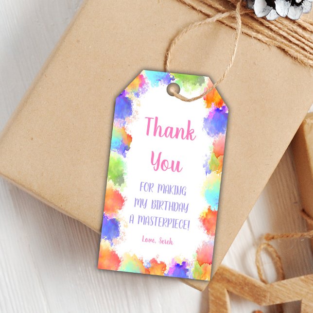 Étiquettes-cadeau Balises Favorables à la Fête d'Art modifiable avec (Watercolor Paint Birthday Gift Tags)