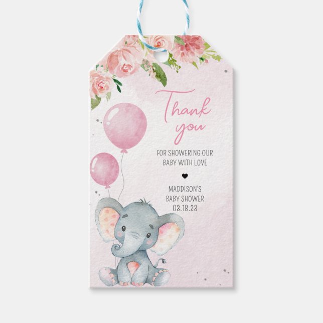 Étiquettes-cadeau Balises Favoris Baby shower Eléphant Rose (Devant)