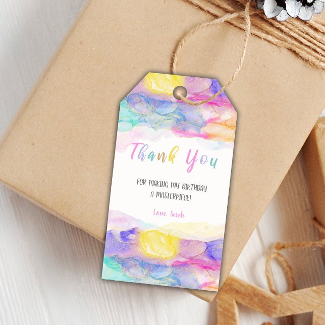 Étiquettes-cadeau Balises Fête d'Art pour enfants modifiables avec c (Watercolors Paint Birthday Gift Tags)
