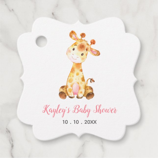 Étiquettes Cadeau Balises Fille Baby shower Faveur - Giraffe Rose (Devant)