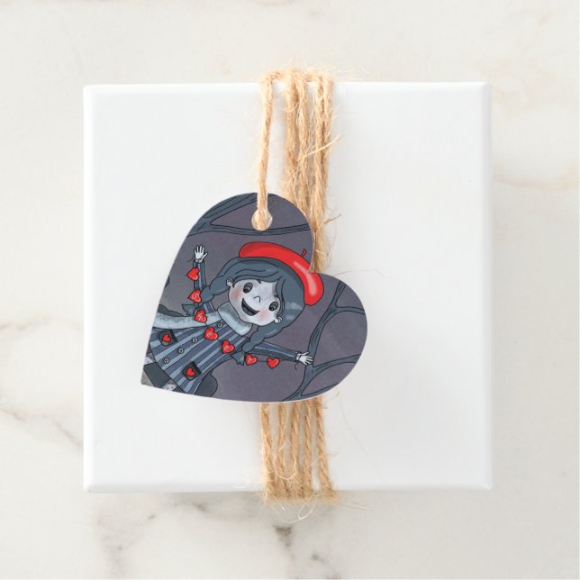 Étiquettes Cadeau Balises Fille mignonne avec Red Heart Garland Favo (En situation)