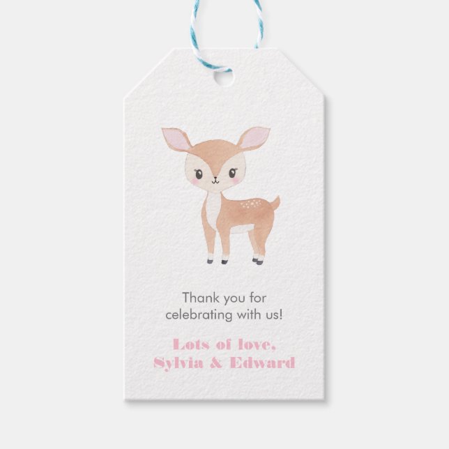 Étiquettes-cadeau Balises préférées Baby shower fille cerf mou (Devant)