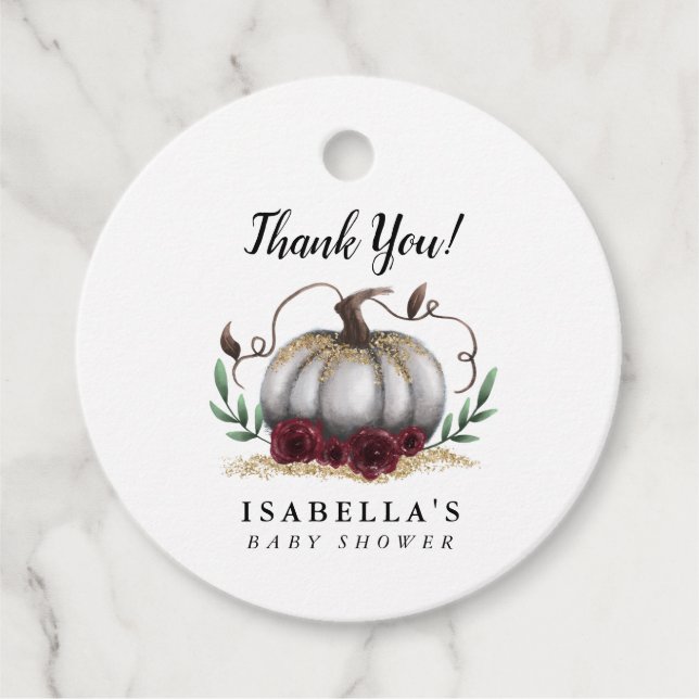 Étiquettes Cadeau Balises préférées du Baby shower Citrouille Gold L (Devant)