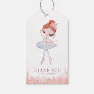 Étiquettes-cadeau Ballerina à la tête rouge en robe blanche Annivers
