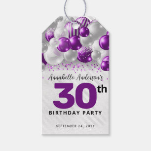 Étiquettes-cadeau Ballon argent violet glamour pailleté pour anniver