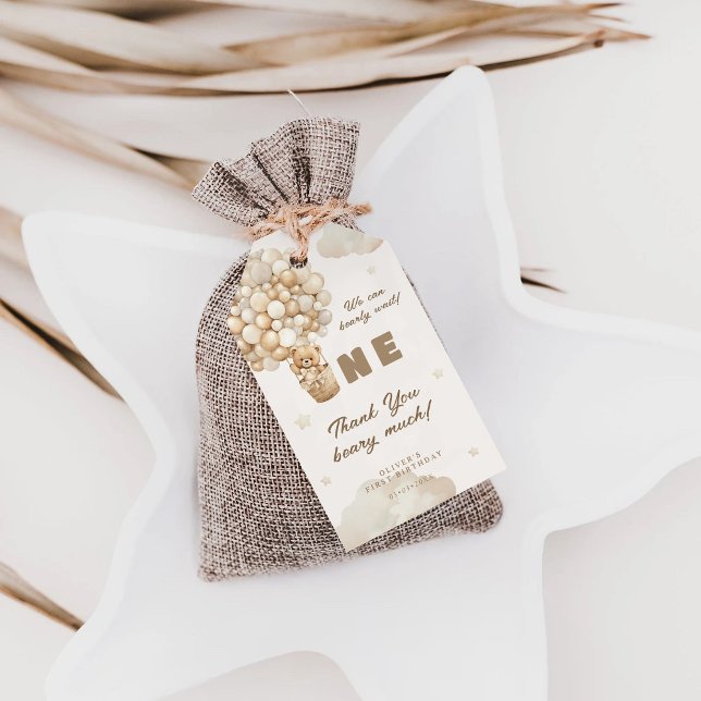 Étiquettes-cadeau Ballons beiges Baby Teddy 1er Merci d'anniversaire (')