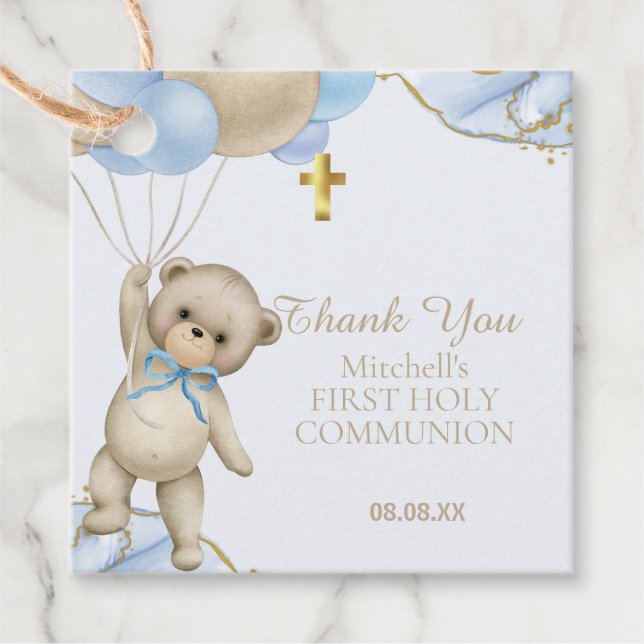 Étiquettes Cadeau Ballons Bleus Teddy mignon Garçon Première Communi (Devant)