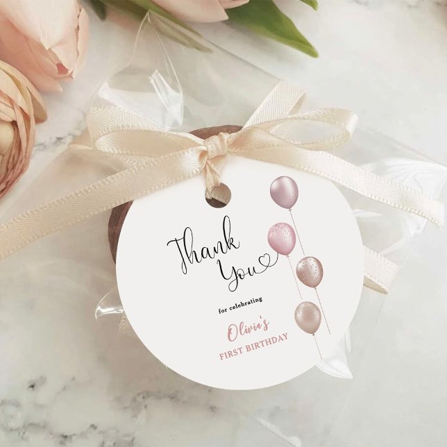 Étiquettes Cadeau Ballons Blush Girl Premier anniversaire Merci (Créateur téléchargé)