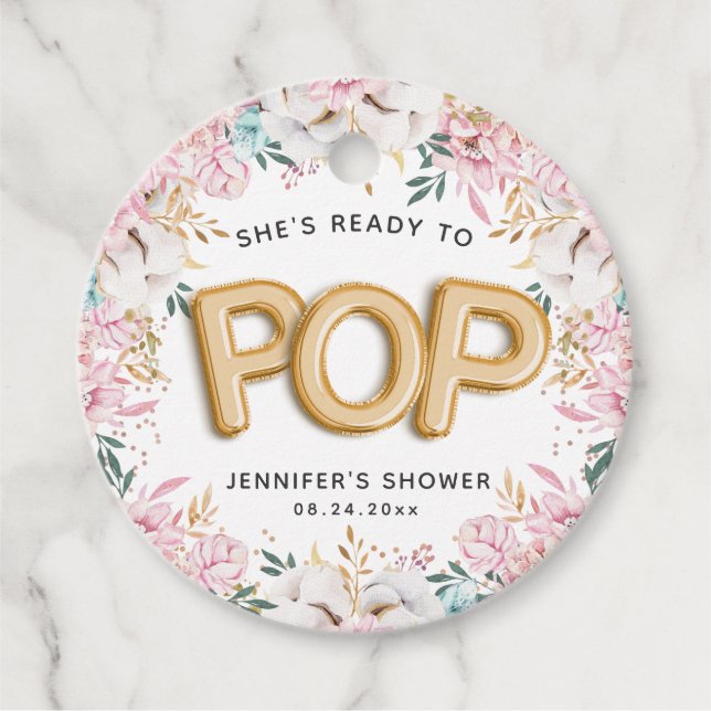 Étiquettes Cadeau Ballons de Baby shower floral "Prêt à pop" (Devant)
