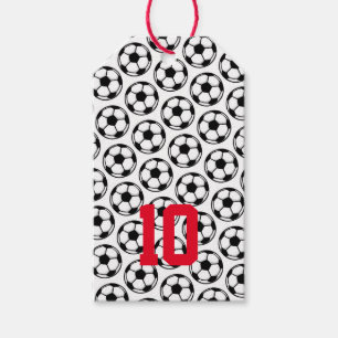 Étiquettes-cadeau Ballons de football blanc noir nombre personnalisé