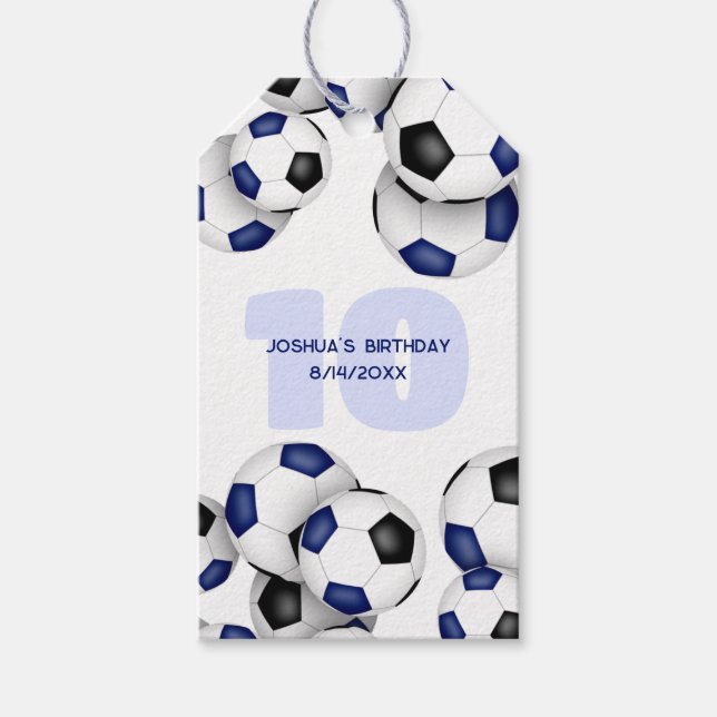 Étiquettes-cadeau Ballons de football noir bleu anniversaire de enfa (Devant)
