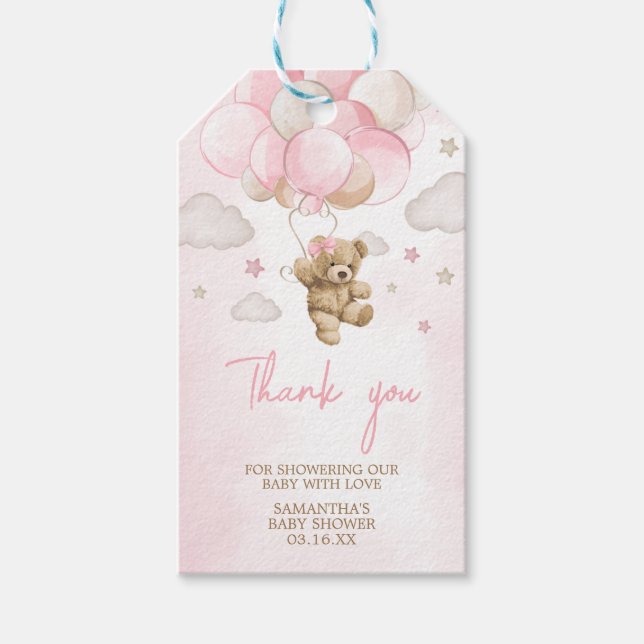 Étiquettes-cadeau Ballons de l'ours rose Boho Baby shower Favoriser  (Devant)