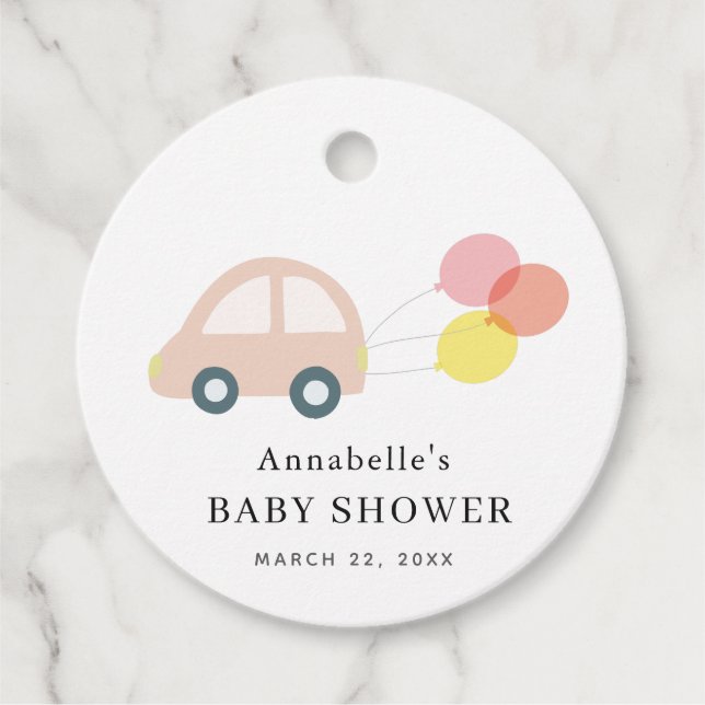 Étiquettes Cadeau Ballons de voiture rose Baby shower fille blanche (Devant)