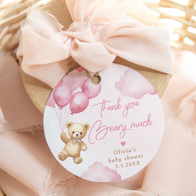 Étiquettes Cadeau Ballons d'ours en peluche rose Merci (Créateur téléchargé)