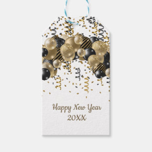 Étiquettes-cadeau Ballons en Or Noir Confettis Fête du Nouvel An