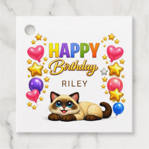 Étiquettes Cadeau Ballons et Étoiles de Chat Siamois Joyeux Annivers