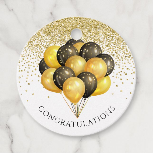 Étiquettes Cadeau Ballons Gold Black Party (Devant)