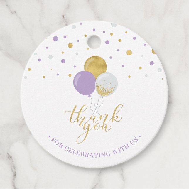 Étiquettes Cadeau Ballons Gold & Purple | Balise de préférence du Me (Devant)