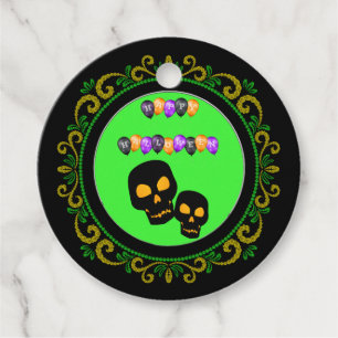 Étiquettes Cadeau Ballons Jaune Vert Crânes Noirs Joyeux Halloween
