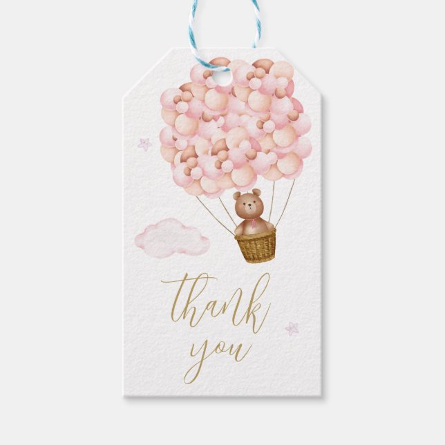 Étiquettes-cadeau Ballons roses Teddy Bear Gold Script Merci (Devant)
