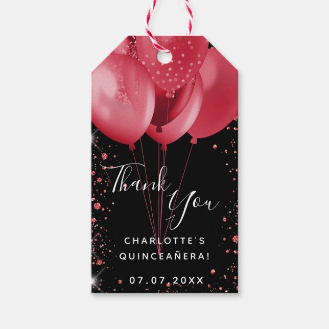 Étiquettes-cadeau Ballons rouges noirs Quinceanera merci (Devant)