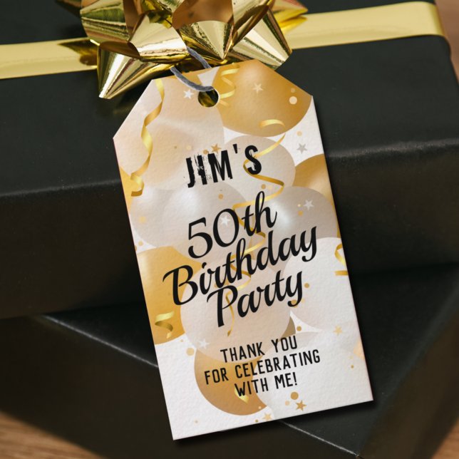 Étiquettes-cadeau Balloons dorés et blancs Fête d'anniversaire Merci (Créateur téléchargé)