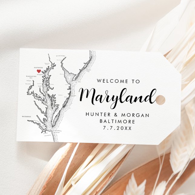 Étiquettes-cadeau Baltimore Maryland Mariage Bienvenue Noir et Blanc (Baltimore Wedding Favor Gift Tag in Modern Black and White from Coastal Map Designs)